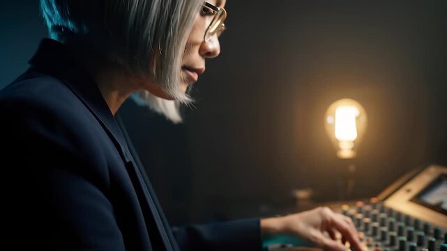Operating mixing console in studio. Woman engineer adjusts sound levels and control. Mixer and producer manage recording and mix. Closeup hand moves fader while lamp glows. Lighting creates focus.