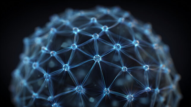 Glowing spherical network of connected nodes and lines on dark background, digital data mesh and neural connection concept