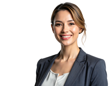 A professional, smiling woman poses against a black backdrop, wearing a business suit and white blouse. She has fair skin and light brown hair