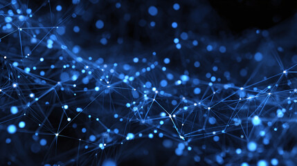 A complex and interconnected network of luminous blue dots and lines, resembling a digital web or constellation, representing data