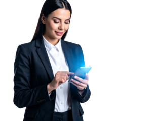 A professional woman, with a dark suit and white shirt, happily uses her smartphone. She is lit with a blue glow