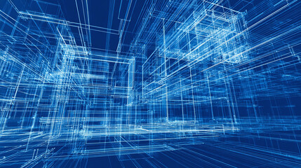 Obraz premium Blueprint of a futuristic building with a complex network of lines and shapes, representing the structure's design and technological advancements