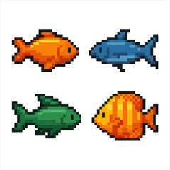 Fototapeta premium Fish vector icons set in pixel style: marine life and ocean symbols