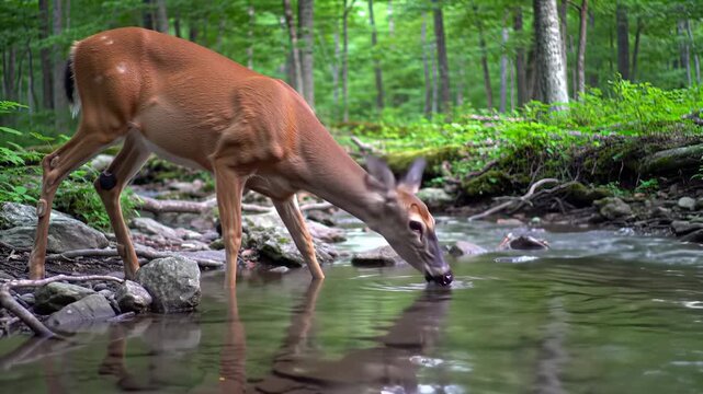 Deer bends down to drink clear, still water in a vibrant forest. Lush green foliage and tree trunks surround