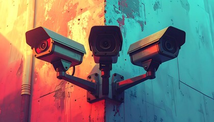 Three surveillance cameras mounted to a wall, painted with red and blue hues for a modern digital art look