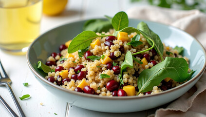 Minimalist top-down view of colorful quinoa salad with beans, leafy greens, and olive oil dressing paired with lemon water promoting low-glycemic plant-based lunch and diabetes prevention
