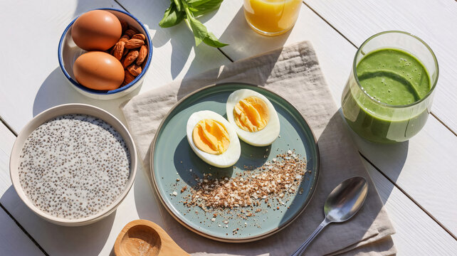 Clean daylight flat lay of nutritious sugar-free breakfast with chia pudding, eggs, almond butter, and smoothie promoting mindful eating and preventive lifestyle
