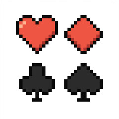 Obraz premium Card suits vector icons set: pixel art, simple designs, classic symbols