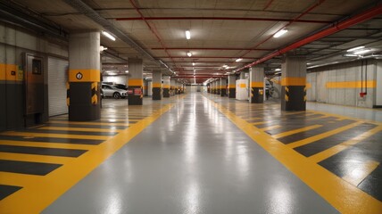 Empty parking garage with yellow stripes. AI image