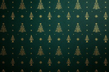 A background of repeating Christmas patterns like tiny trees and snowflakes in gold foil on a deep green background, with a solid area for copy 