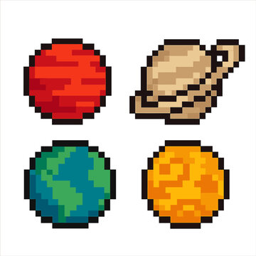 8 bit planet vector icons set. pixel style celestial and space symbols