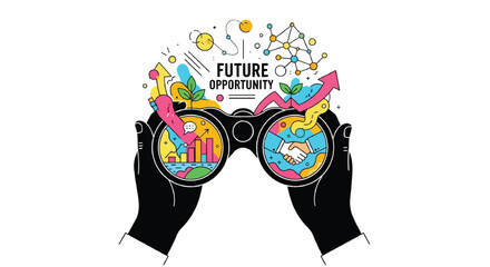 Hands holding binoculars looking towards a bright future with growth charts and partnership symbols symbolizing opportunity