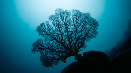 Dramatic Underwater Seascape Featuring a Large Sea Fan Coral Silhouette Against a Turquoise Ocean Backdrop, Marine Life and Coral Reef Ecosystem