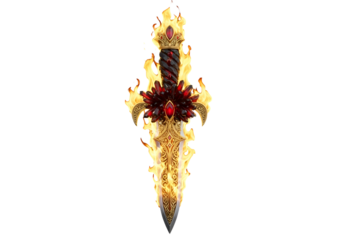 A golden, ornate dagger, encrusted with fiery red gems, blazes with flames against a black background.