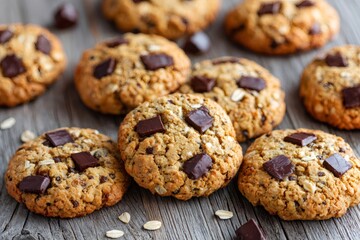 Oatmeal chocolate chunk cookies on a rustic wood background