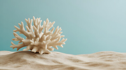 Elegant White Coral on Sandy Beach with Soft Blue Background, Minimalist Coastal Decor Still Life, Ocean Inspired Art, Summer Vacation Vibes