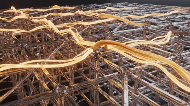 3D animation of light beams 'welding' and reinforcing a loose architectural scaffolding (ECM) with new light fibers (collagen).