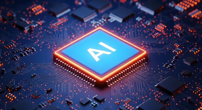 Close-up of a glowing blue computer chip with the letters "AI" on it, surrounded by circuit board components.