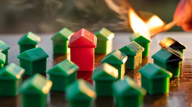 Person Setting Toy Houses on Fire &ndash; Housing Market Crisis and Real Estate Risk Concept
