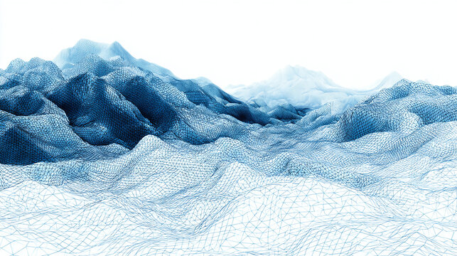 A stunning digital rendering of a mountainous landscape, with a gradient of blue hues. The image has a textured, grid-like appearance, creating a sense of depth and abstraction