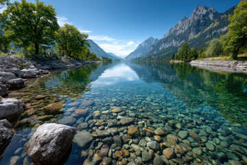Crystal clear alpine lake with rocks and mountains