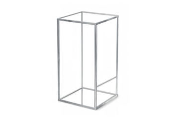 Metal frame stand displaying a sleek modern geometric cuboid structure for product presentation on a transparent background