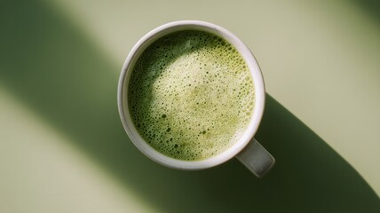 Overhead view of matcha tea with shadows on green surface. AI image
