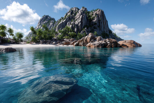 Stunning tropical beach with clear waters and rocky cliffs under a blue sky