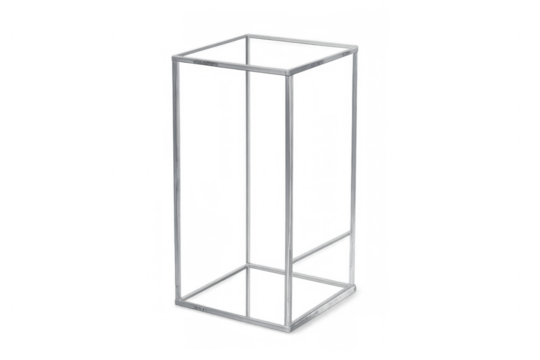 Metal frame stand displaying a sleek modern geometric cuboid structure for product presentation on a transparent background