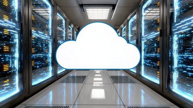 This image showcases a modern data center, featuring rows of high-tech servers and illuminated pathways, symbolizing cloud computing and data storage solutions in a digital environ