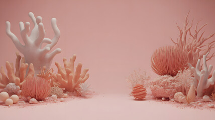 Abstract Coral Reef Scene in Pastel Pink Tones, 3D Rendered Underwater World with Coral Formations, Sea Life, and Ocean Floor Elements for