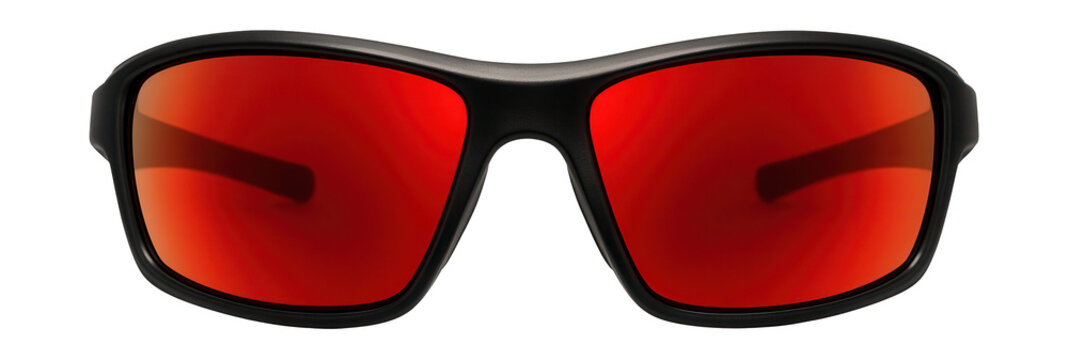 Wrap-around polarized sunglasses with black frames and red lenses for sports. - Powered by Adobe