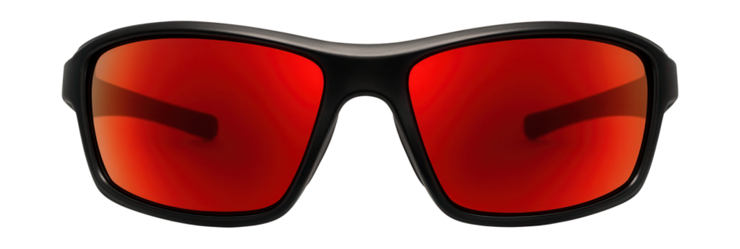 Wrap-around polarized sunglasses with black frames and red lenses for sports.