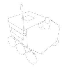 A delivery robot truck with steering wheel in black and white contour drawing.