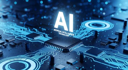 A glowing "AI" text overlaying a detailed close-up of a computer chip and circuit board with blue light patterns.