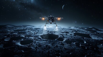 A spacecraft landing on a cratered surface with a celestial body in the distance