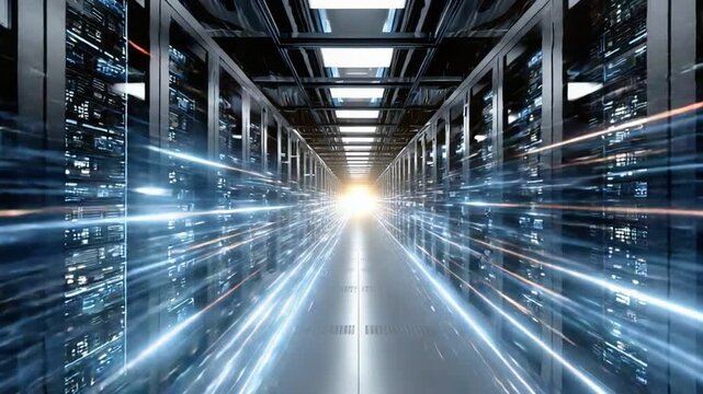 A futuristic data center hallway filled with rows of servers, illuminated with blue light trails, symbolizing speed and efficiency in modern technology.