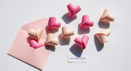 Pink Envelope with Paper Heart Origami and Love Takes Flight Text on Minimal White Background