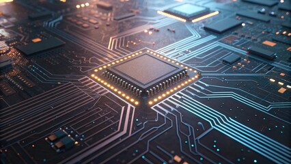 A close-up view of a circuit board showcasing intricate pathways and a central chip, embodying modern technology and electronic design.