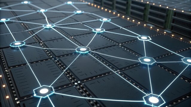A digital network visualization showcasing interconnected nodes on a grid, emphasizing technology and data flow in a modern setting.