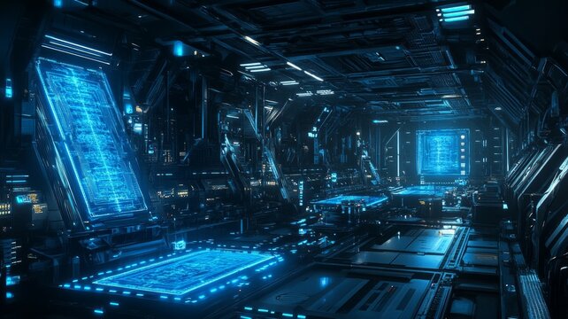 Futuristic command center with blue neon glows. AI image