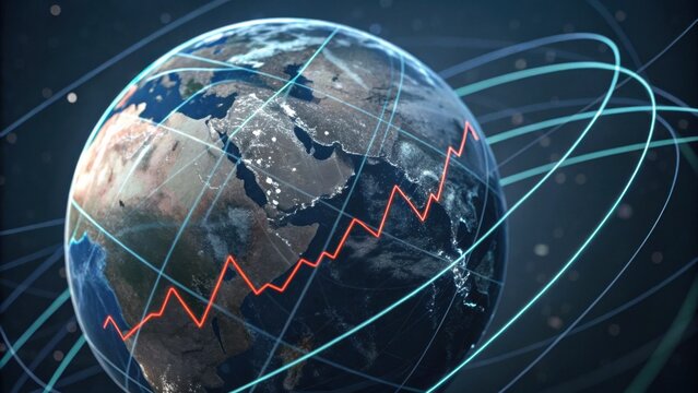 A digital depiction of Earth with data visualization elements, showcasing a global view and trends through graphical lines and charts.