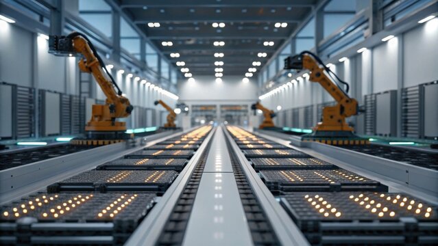 A modern automated factory floor featuring robotic arms assembling products along a conveyor belt in a well-lit industrial setting.