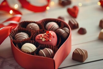 Heart shaped box arranging assorted chocolates for valentine's day
