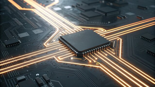 A high-tech circuit board featuring a central chip with illuminated pathways, showcasing advanced electronic design and connectivity.