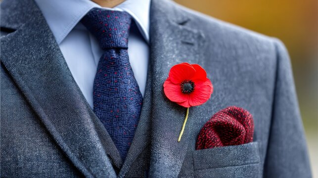 Man wearing suit with red poppy for remembrance