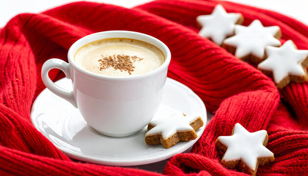 Warm coffee with christmas star cookies on red knit