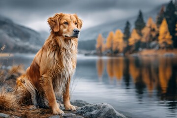 Golden retriever dog enjoying autumn lake landscape