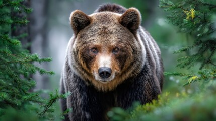 Fototapeta premium Brown bear looking directly at camera in forest