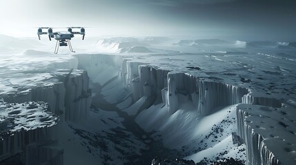Obraz premium Aerial view of drone flying over icy landscape with canyon and misty atmosphere